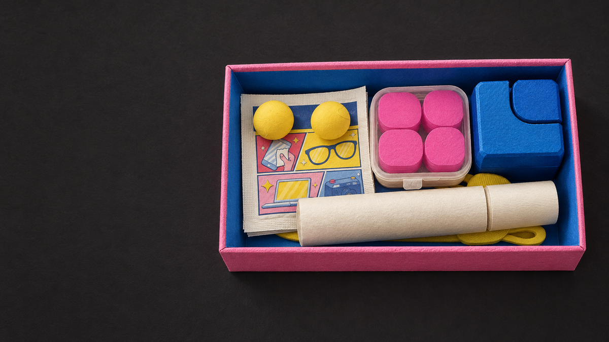 Paper interpretation of the open Goghini Care Box and its sensory tools, with black title space.
