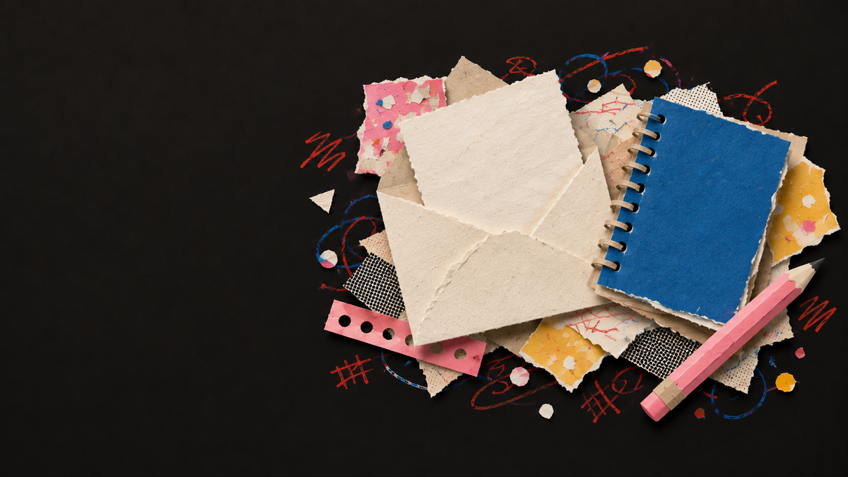 Paper collage of an opened letter beside a notebook and pencil.