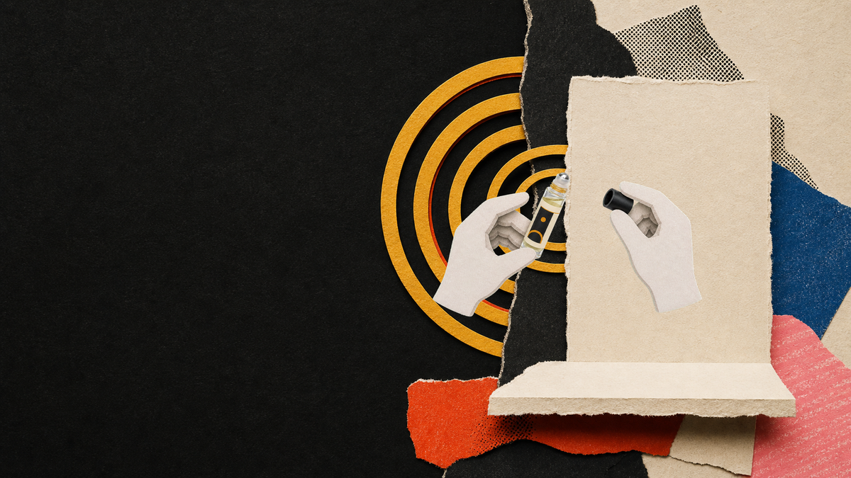 Tactile paper collage of puppet hands holding the Focus Oil roll-on beside concentric yellow rings