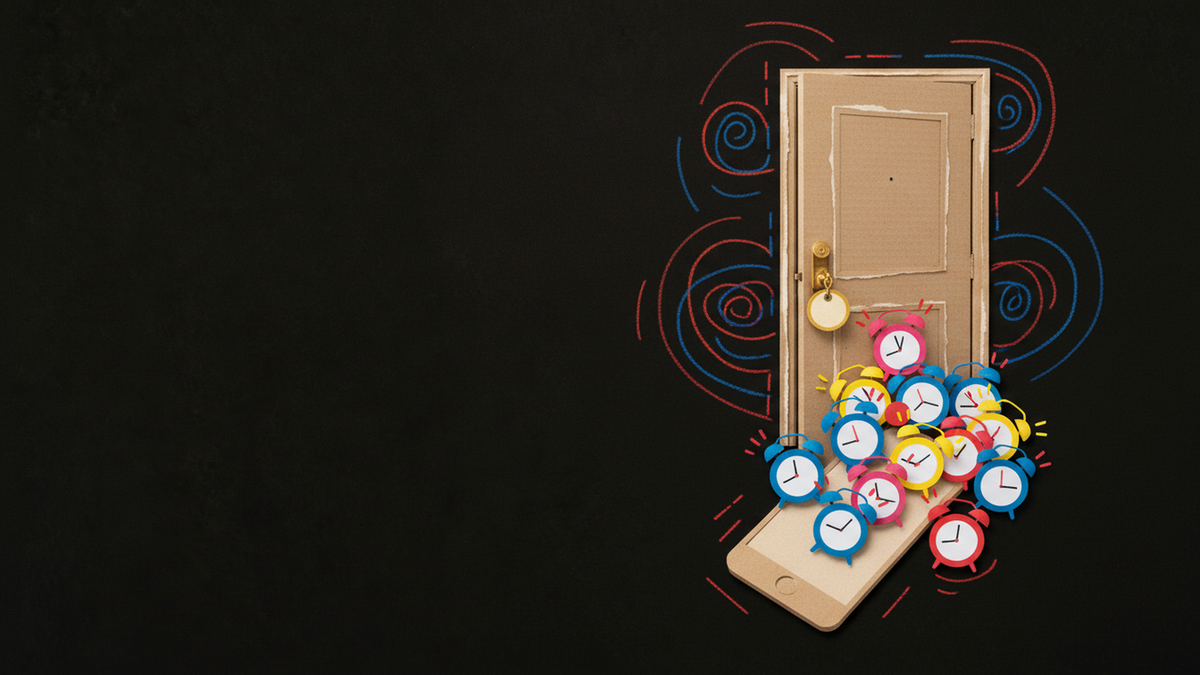 Tactile paper collage of a hotel room door with a brass key tag, a phone spilling a pile of ringing paper alarm clocks across the floor in front of it