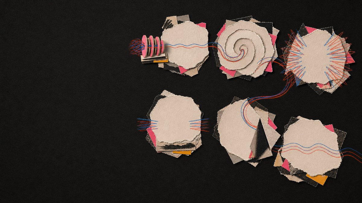Tactile paper collage showing six stages of processing an unexpected life change