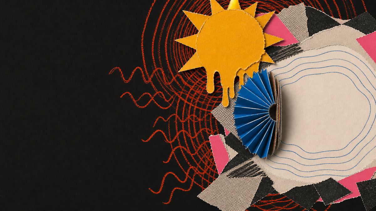 Tactile paper collage of a melting sun, fan noise and sensory overload during an AuDHD summer