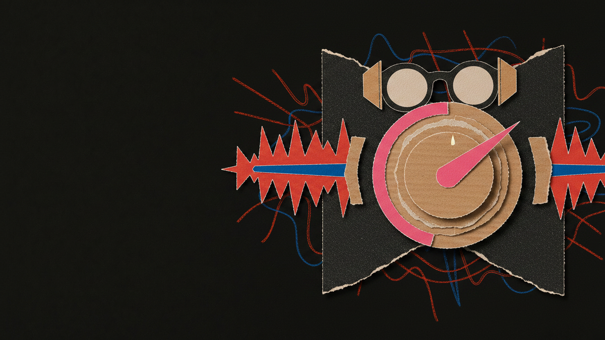 Cut paper collage of a control knob with black shutters closing in from both sides, a ragged waveform calming to a straight line, and paper glasses with side shields