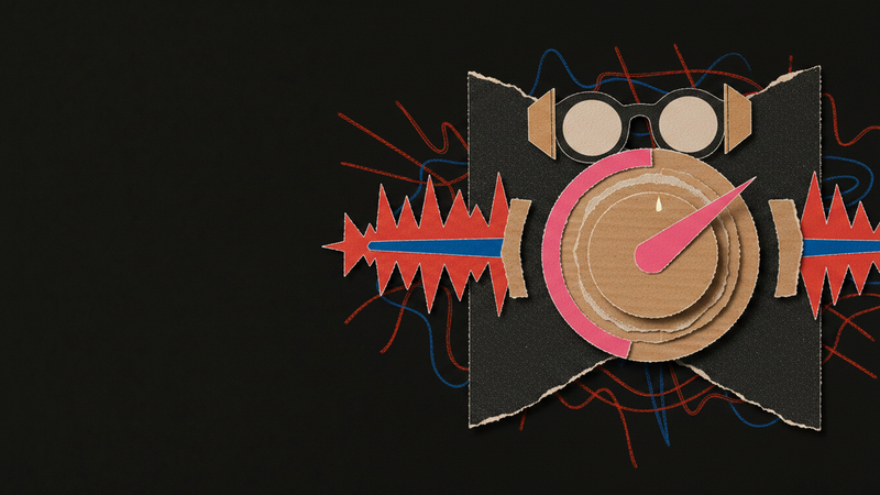 Cut paper collage of a control knob with black shutters closing in from both sides, a ragged waveform calming to a straight line, and paper glasses with side shields