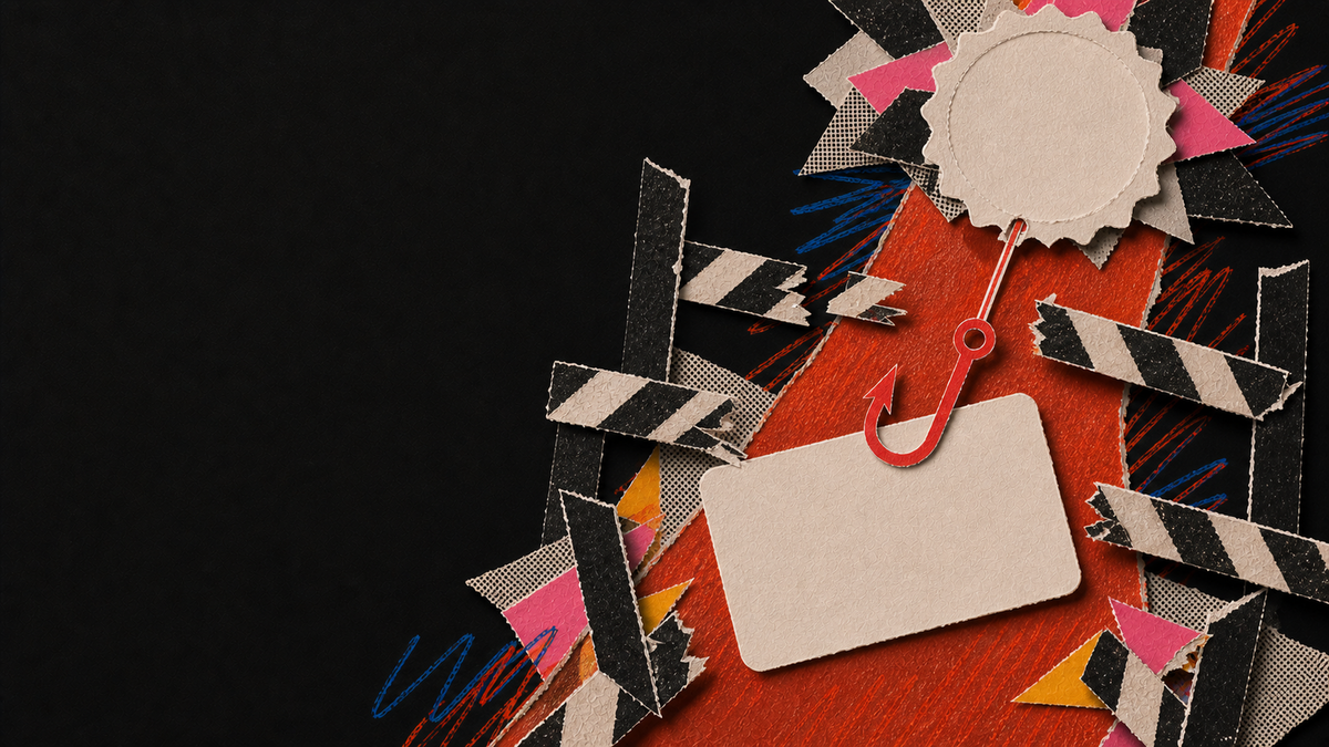 Tactile paper collage of a phishing hook exploiting trust and urgency