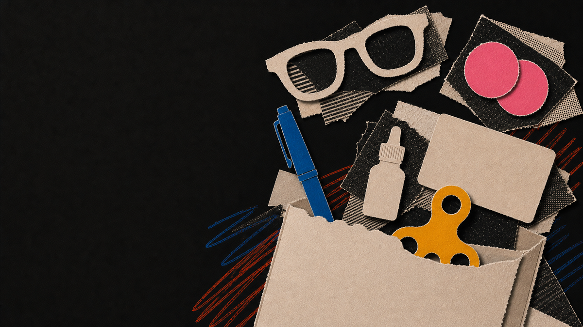 Tactile paper collage of flexible everyday sensory tools arranged as a survival kit