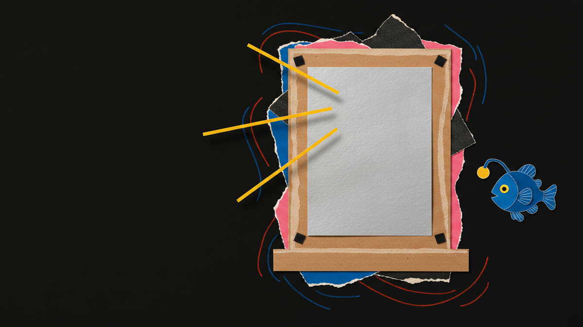 Cut paper collage of a bedroom window sealed with a silver blackout panel, deflecting beams of light, with an anglerfish in the dark beside it