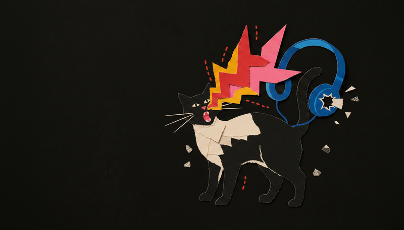 Tactile paper collage of a yowling black and cream cat whose scream tears through a pair of blue paper headphones
