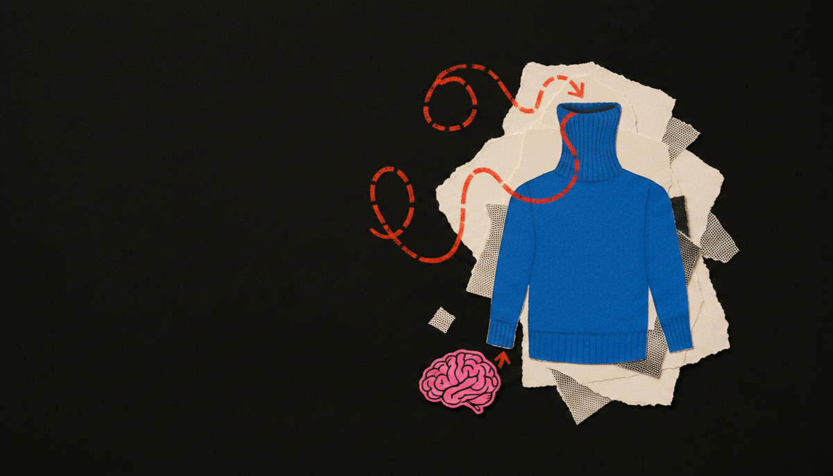 Tactile paper collage of a cobalt blue turtleneck jumper with a red dotted signal path arriving late at a pink paper brain