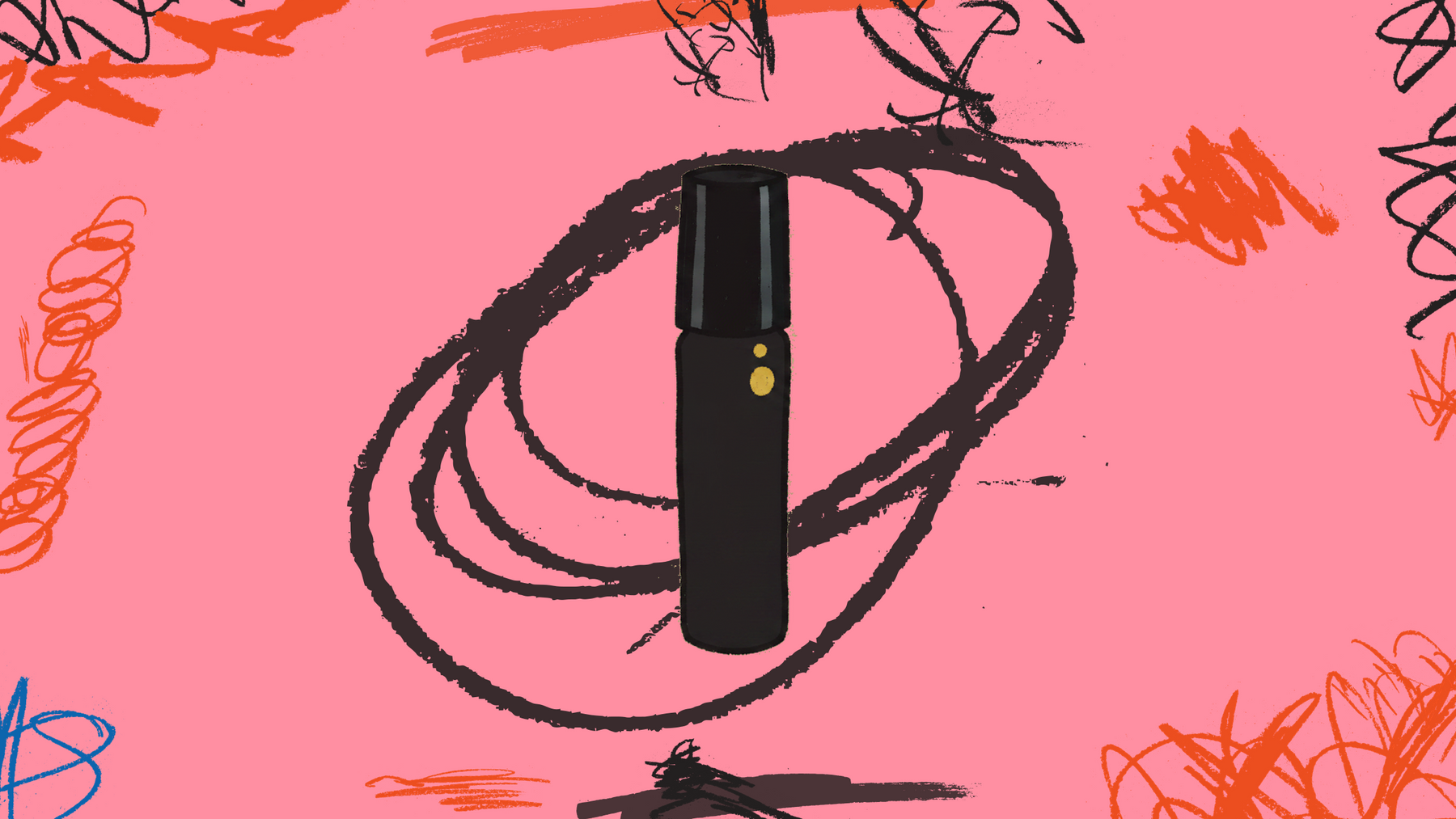 Hand-drawn GOGHINI doodle of the black Focus Oil rollerball bottle