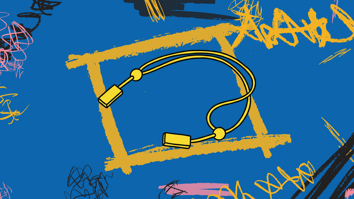 Hand-drawn GOGHINI doodle of the yellow silicone glasses retainer strap