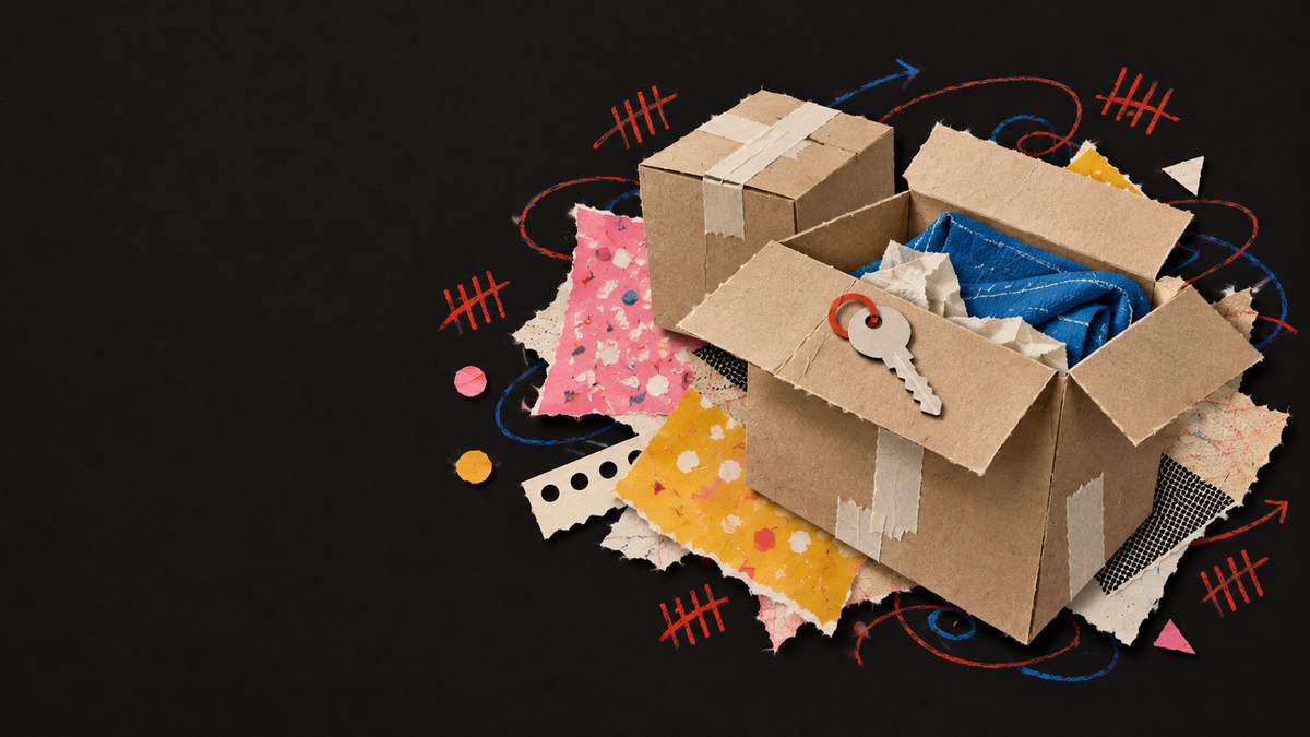 Paper collage of packed moving boxes, a folded blue blanket and a house key.