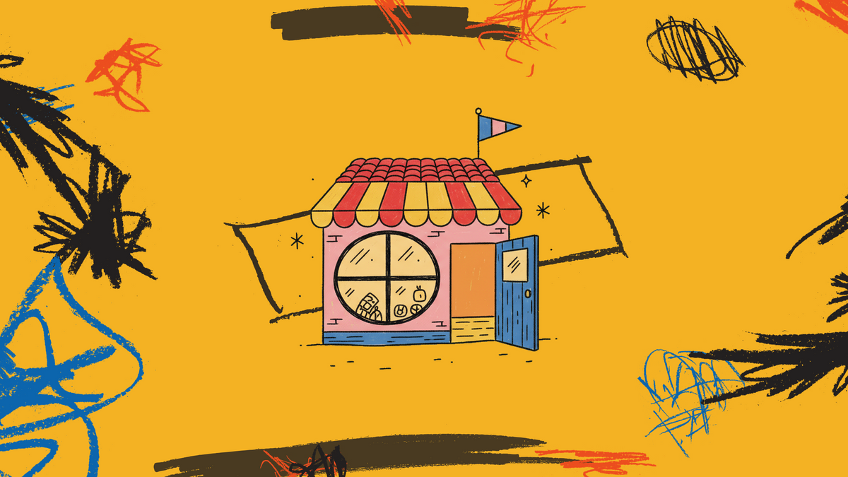 Hand-drawn GOGHINI doodle of a little shopfront with a striped awning and an open door