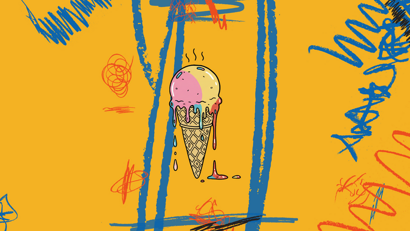 Hand-drawn doodle of a melting ice cream cone with heat-shimmer lines rising, on a bright yellow background