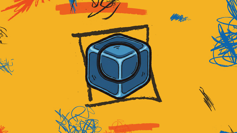 Hand-drawn GOGHINI doodle of the glossy blue metal fidget cube
