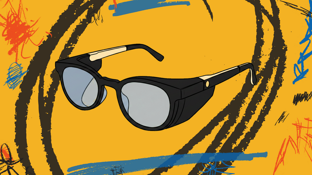 Hand-drawn GOGHINI doodle of the black Focus Frames glasses with angular side shields