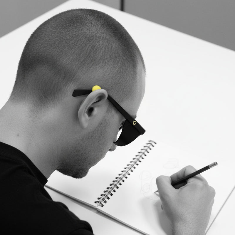 Person sketching head-down wearing Focus Frames held by a yellow Blip ear grip, selective colour