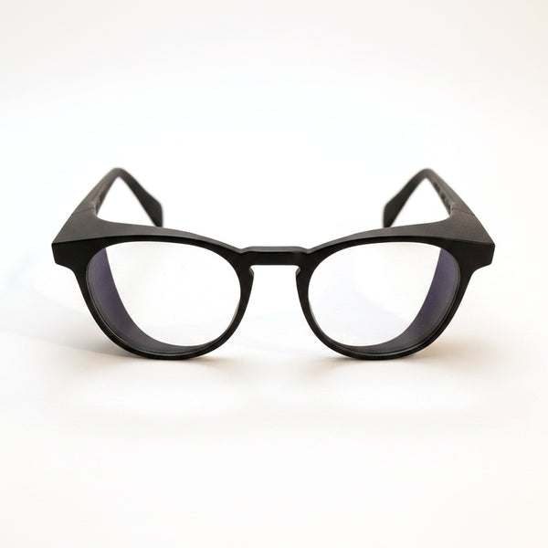 GOGHINI Focus Frames™ front view: matte black round frames with keyhole bridge and integrated peripheral-blocking side shields