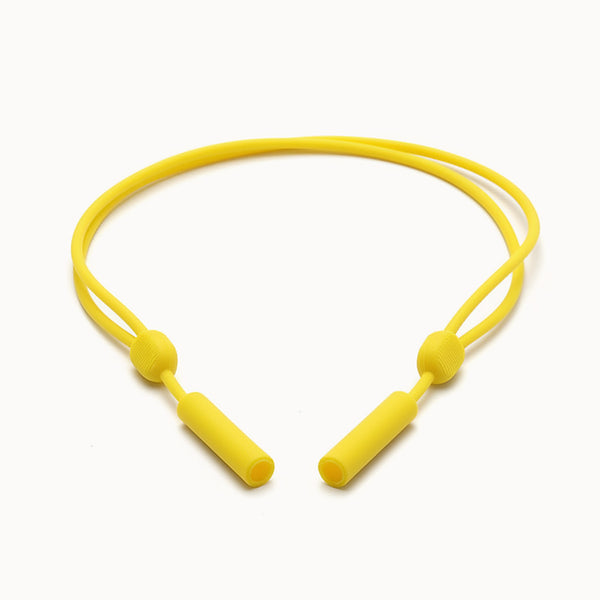 Adjustable yellow silicone eyewear retainer strap with slip-on ends and dual toggles