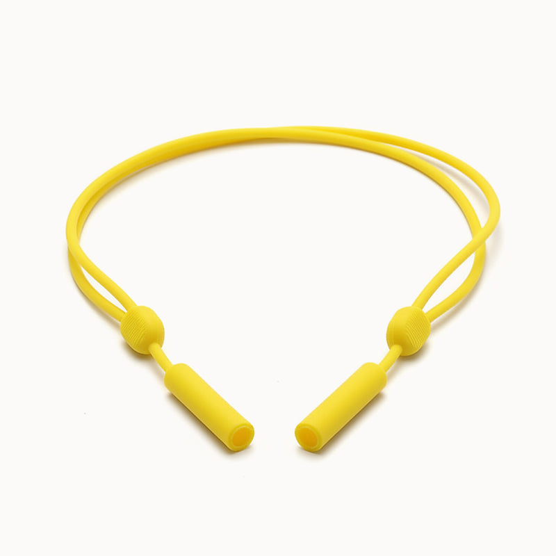 Adjustable yellow silicone eyewear retainer strap with slip-on ends and dual toggles