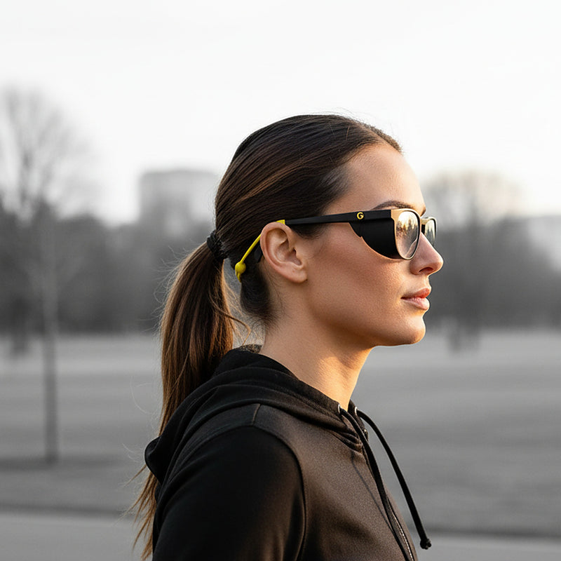 Runner wearing Focus Frames secured with the yellow GOGHINI retainer strap, selective colour