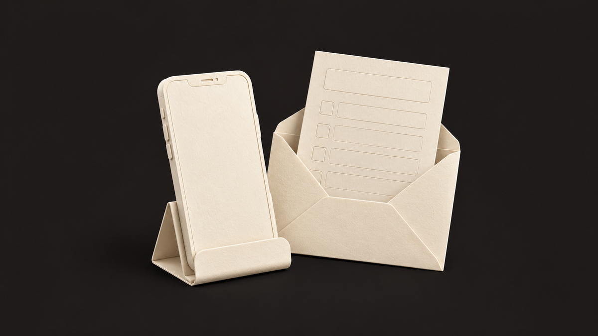 Paper illustration of a blank phone on a stand beside an envelope and an unlettered form on black.