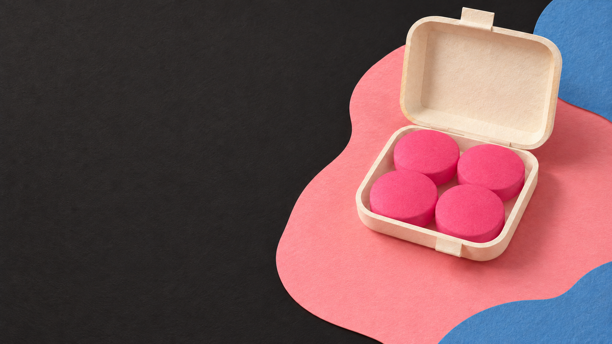 Paper interpretation of four pink mouldable earplug discs in an open case, with black title space.