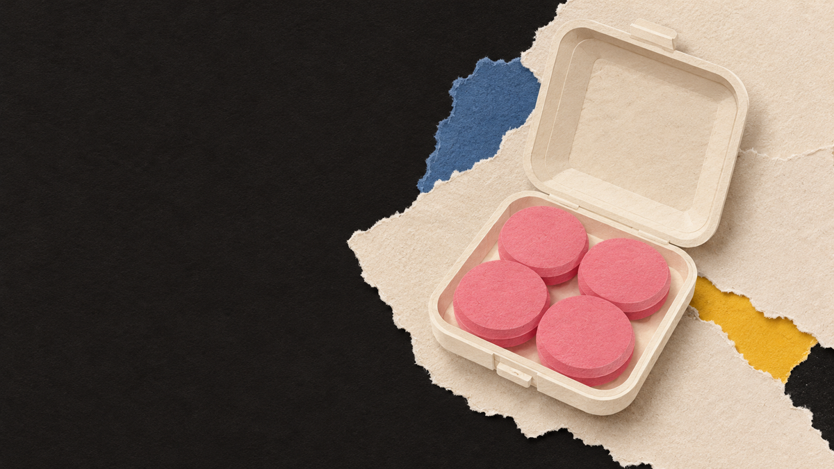 Paper interpretation of four pink mouldable earplug discs in an open case, with black title space.