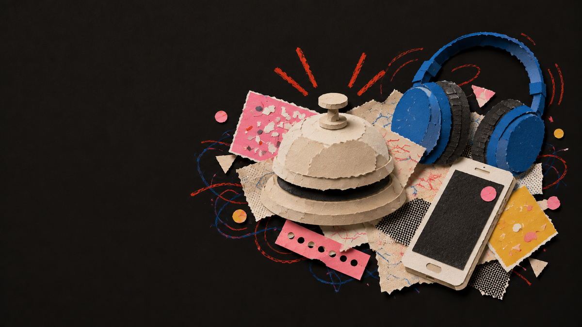 Paper collage of a ringing desk bell, a phone notification and ear defenders.