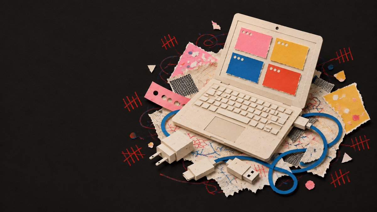 Paper collage of a laptop with coloured application windows and different cable connectors.
