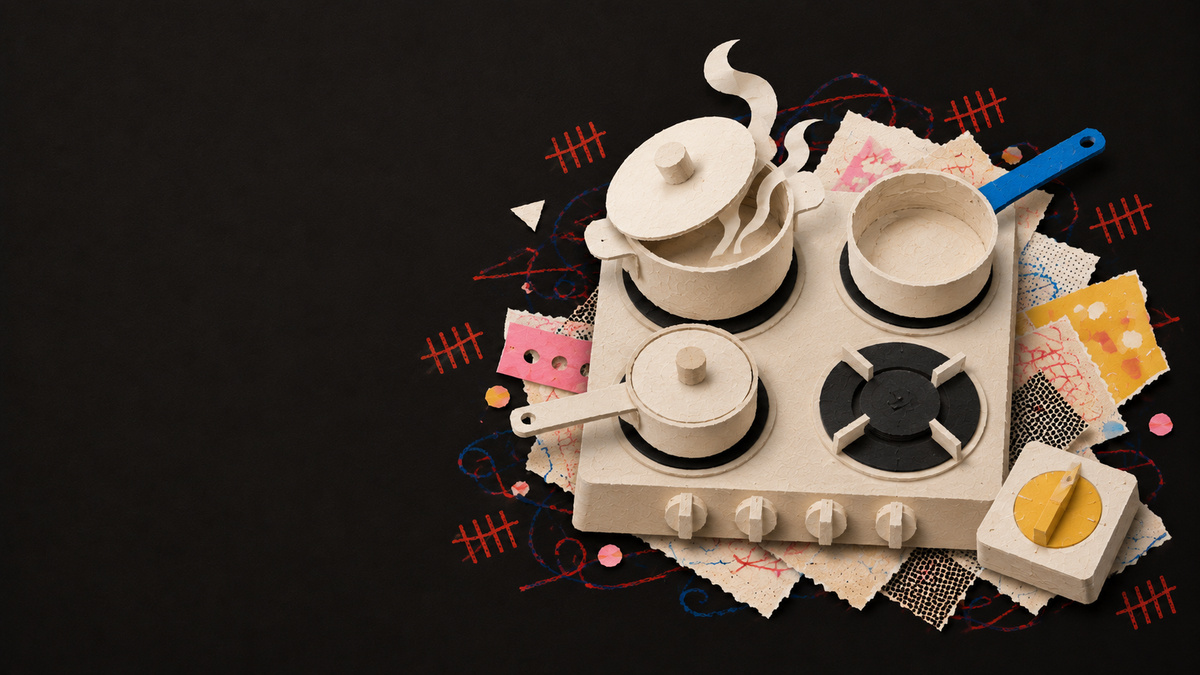 Paper collage of three saucepans on a hob beside a kitchen timer.