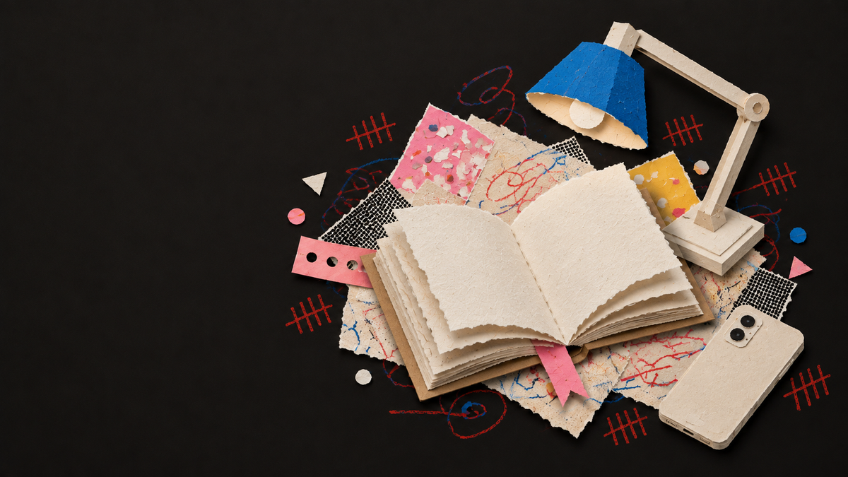 Paper collage of an open book beneath a desk lamp, with a phone set aside.