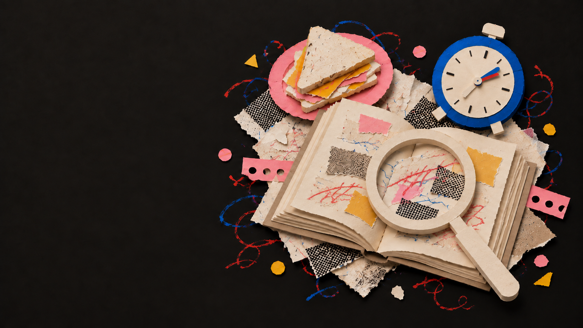 Paper collage of close attention to a book, with a clock and an untouched sandwich nearby.
