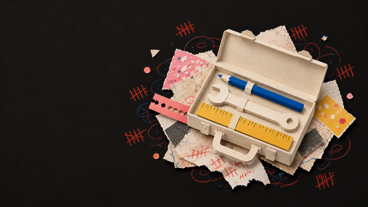 Paper collage of an open work bag containing a pencil, spanner and ruler.