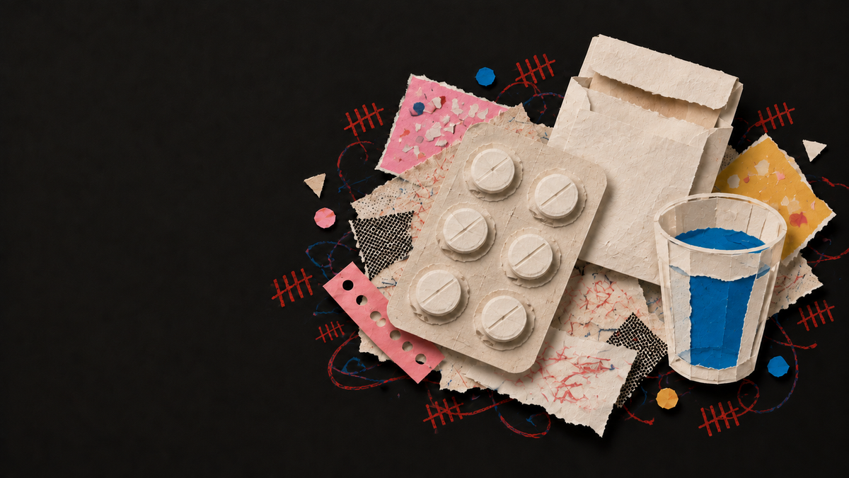Paper collage of a tablet blister pack, an envelope and a drinking glass.
