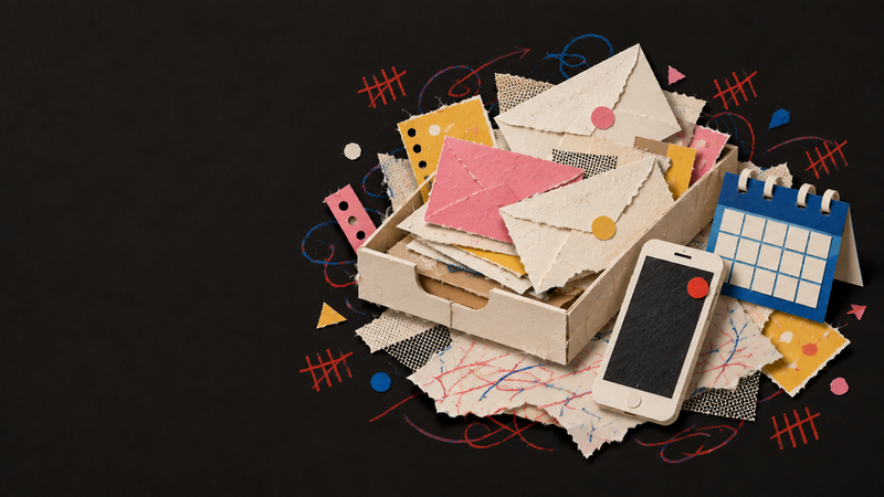 Paper collage of a full letter tray, a calendar and a phone notification.