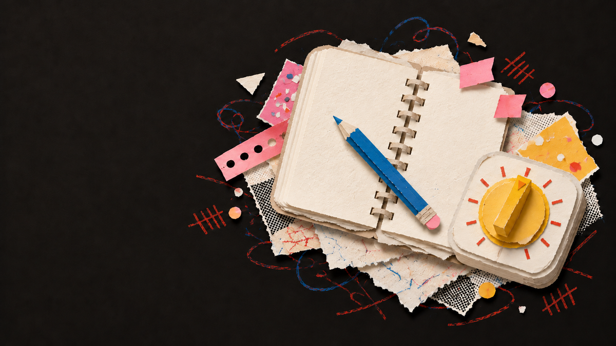 Paper collage of a notebook, pencil and kitchen timer.