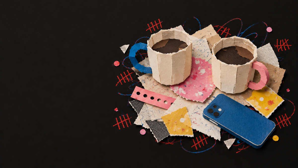 Paper collage of two mugs and a phone set aside for a conversation.