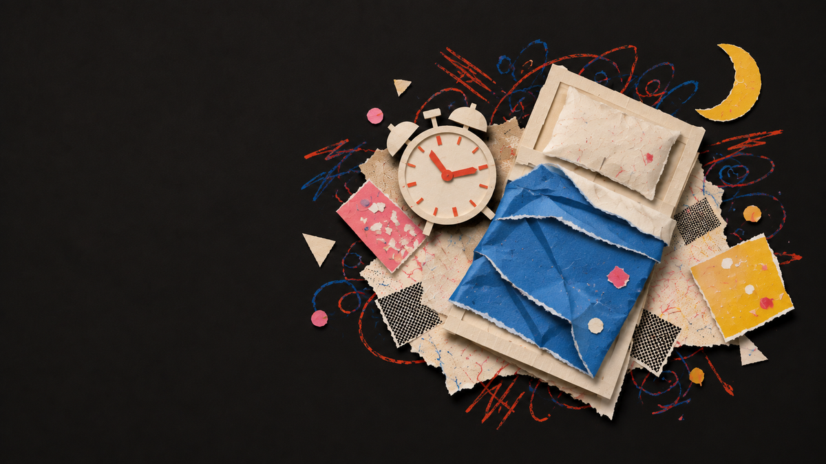 Paper collage of an empty bed, an alarm clock and a crescent moon.