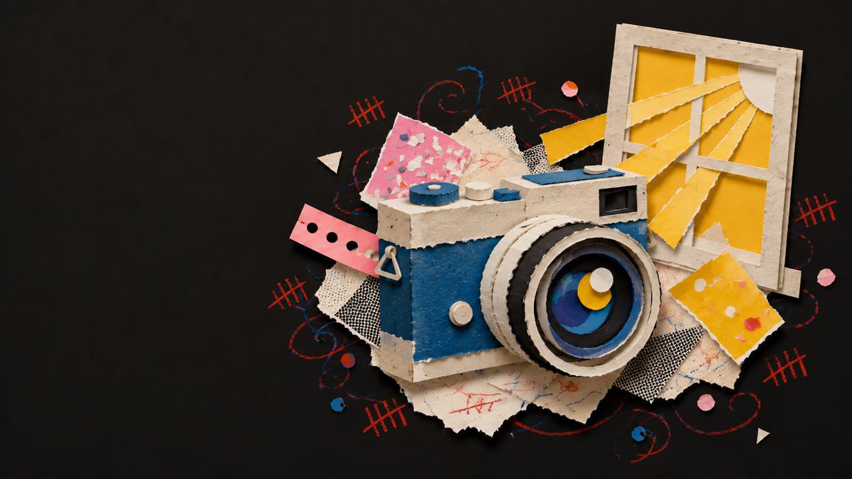 Paper collage of a camera lens beside a bright window.