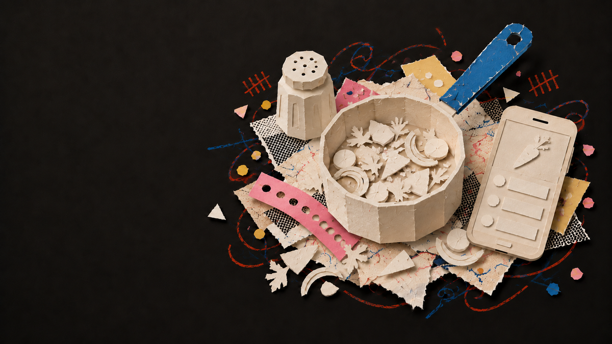 Paper collage of a saucepan, salt shaker and phone displaying a recipe.