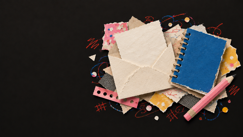 Paper collage of an opened letter beside a notebook and pencil.