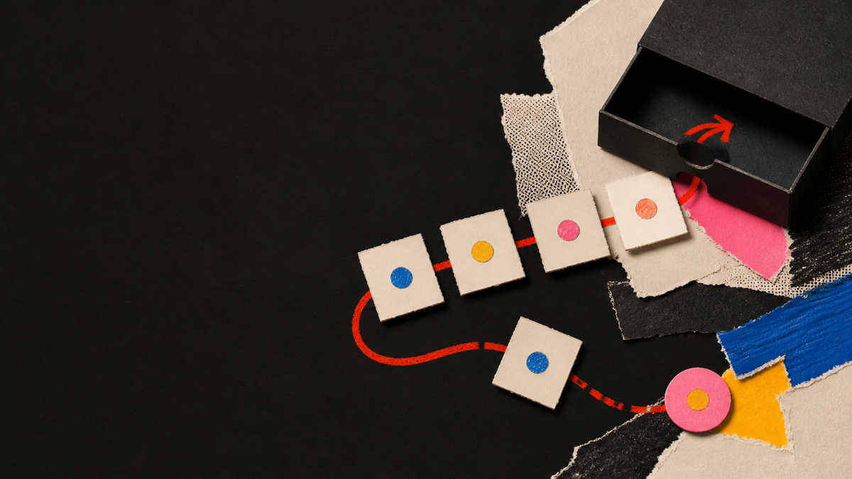 Tactile paper collage of task cards following a visible path, with one card slipping outside it