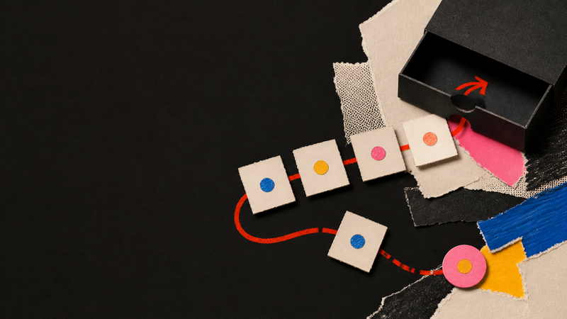 Tactile paper collage of task cards following a visible path, with one card slipping outside it