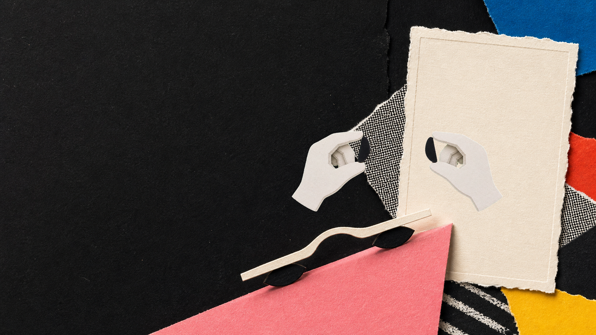Tactile paper collage of puppet hands holding black adhesive nose pads