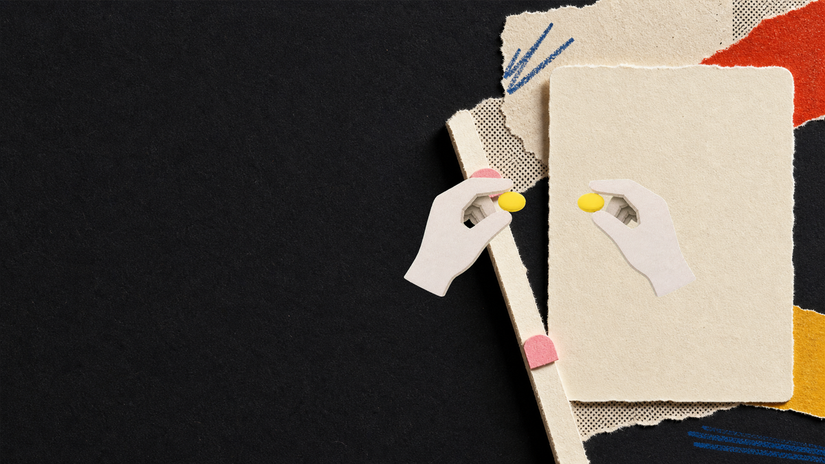 Tactile paper collage of puppet hands holding yellow Blips anti-slip ear grips