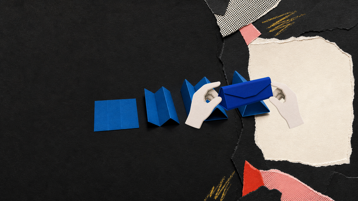 Tactile paper collage of puppet hands folding a blue glasses case flat