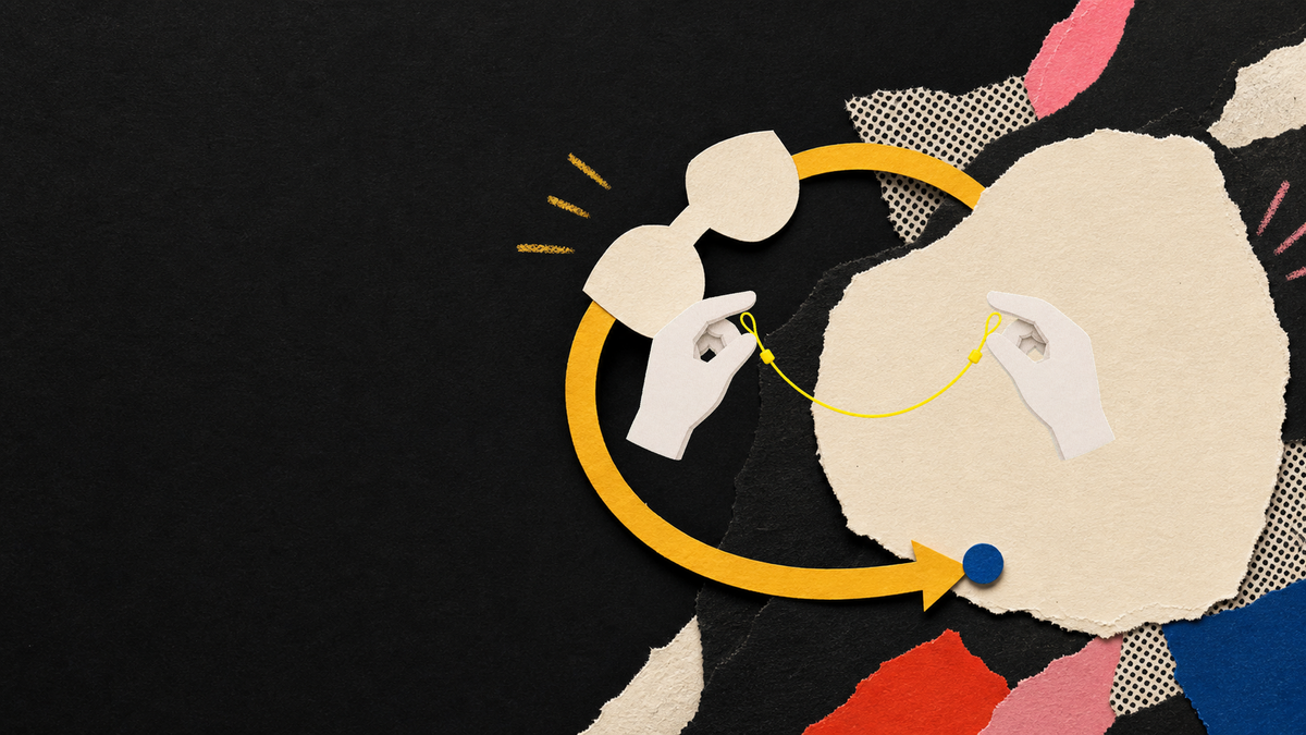 Tactile paper collage of puppet hands closing the loop of a yellow glasses retainer strap