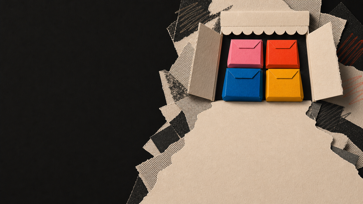 Tactile paper collage celebrating the opening of the Goghini store
