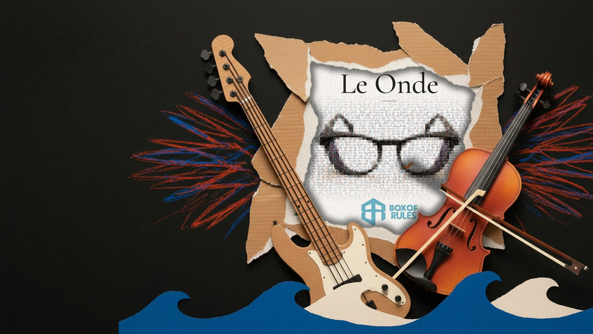 Cut-paper collage: the Le Onde single cover, a photomosaic of Focus Frames, seen through a hole torn in charcoal paper, with a paper bass and violin in front of it and waves along the bottom
